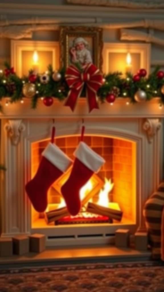 A decorated fireplace with Christmas stockings, garland, and warm flames.