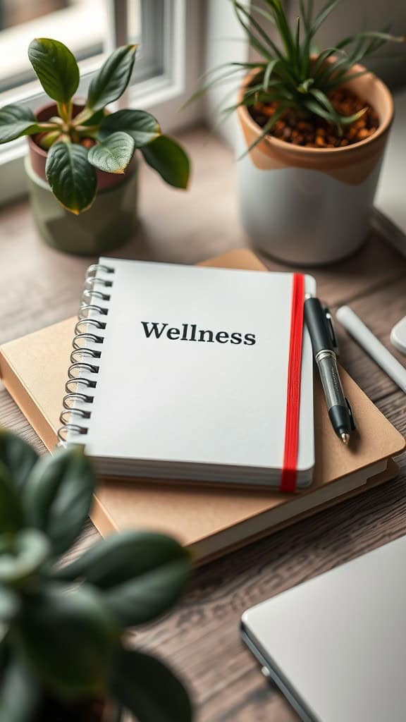 A cozy home office setup featuring a wellness journal, plants, and a pen.