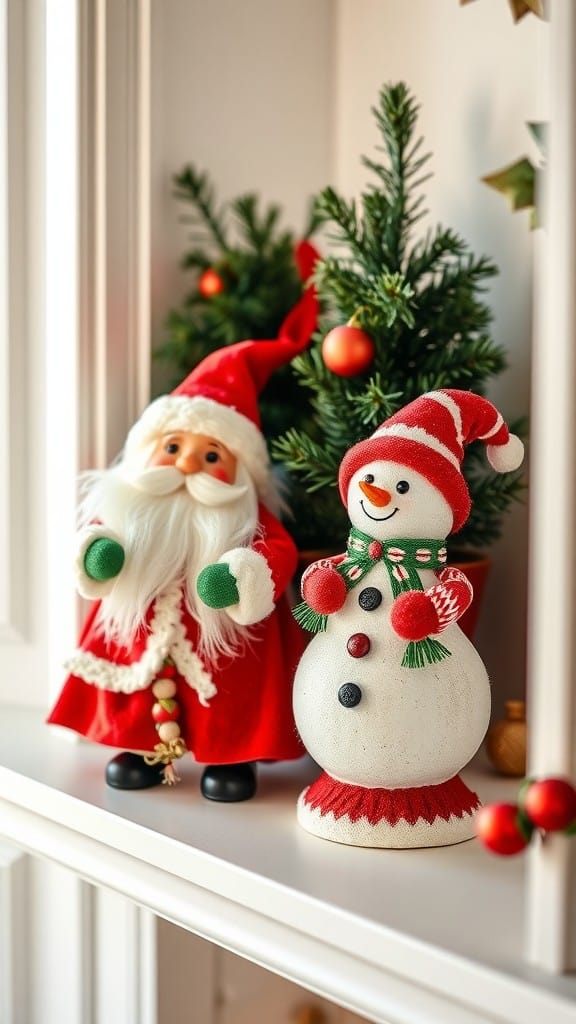 A Santa figure and a snowman figure beside small Christmas trees.