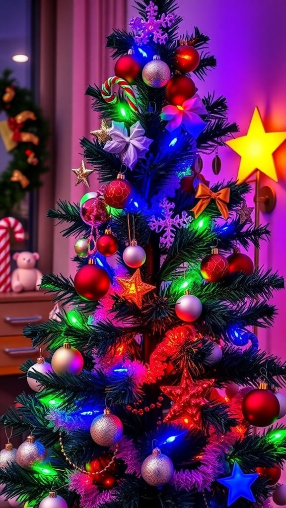 A colorful, decorated Christmas tree with bright lights and ornaments.