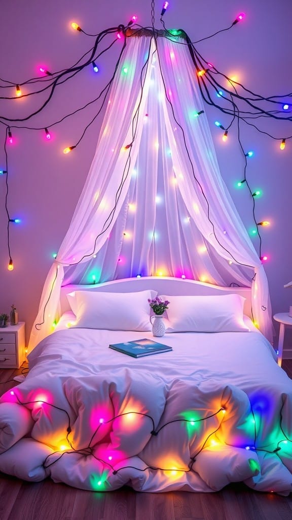 Cozy bedroom with fairy lights and white bed