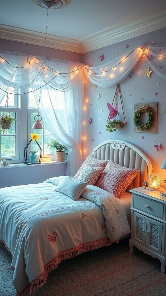 Cozy bedroom with fairy lights, decorative plants, and whimsical decor