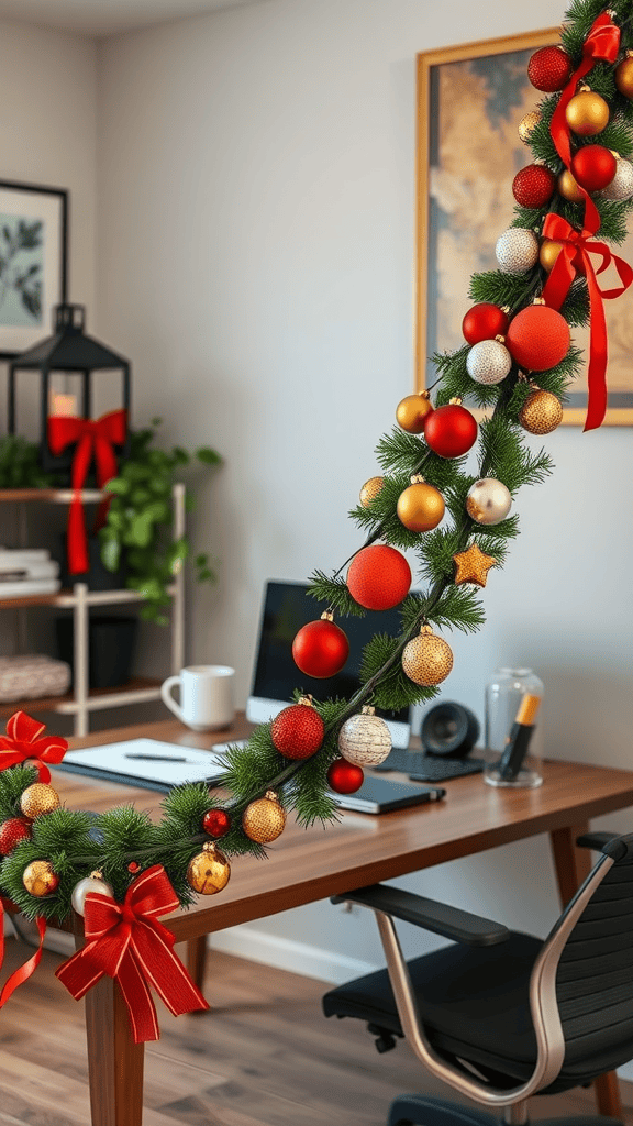 A festive holiday garland adorned with red, gold, and silver ornaments, draped elegantly in a cozy workspace.