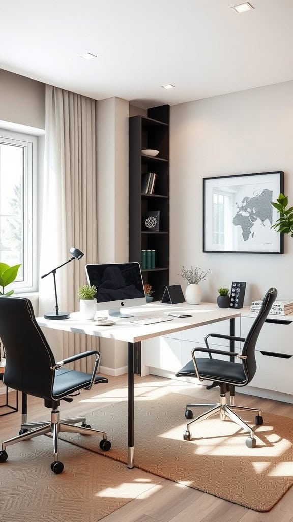 Cozy home office with white and beige walls, black accents, and modern furniture.