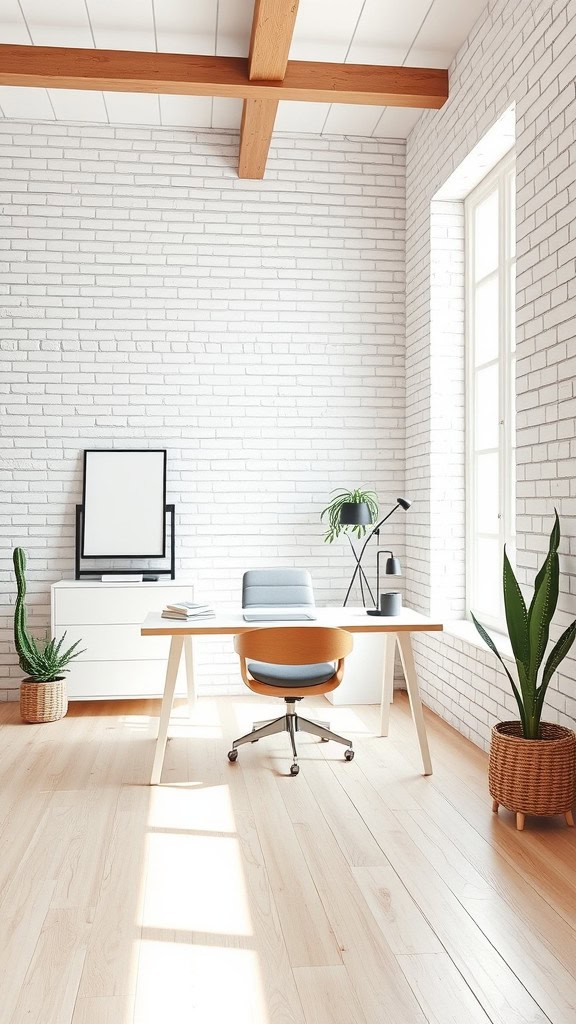 A bright, minimalist home office with whitewashed brick walls, a simple desk, and green plants.