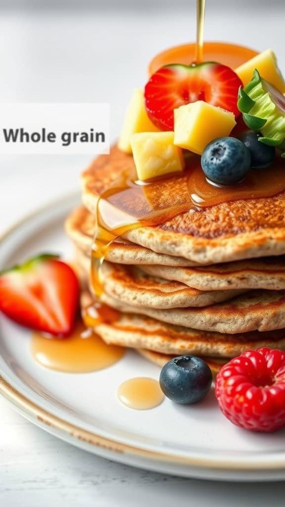 Stack of whole grain pancakes topped with fresh fruit and syrup.