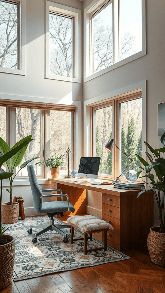 A well-lit home office with large windows, a wooden desk, a comfortable chair, and indoor plants.