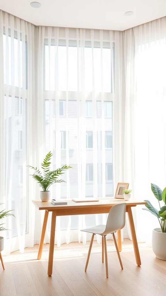 A bright and airy home office with sheer curtains, a wooden desk, and potted plants.