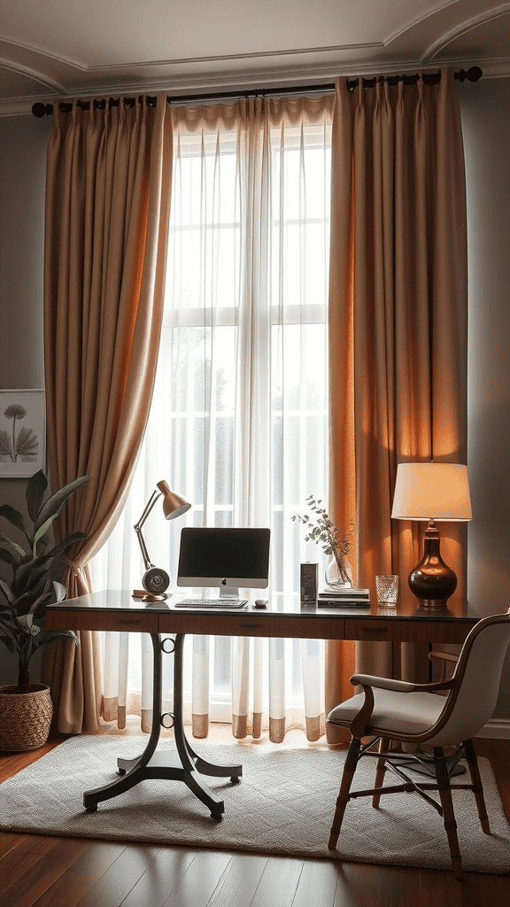 A stylish workspace with light brown curtains, a desk, and a comfortable chair.