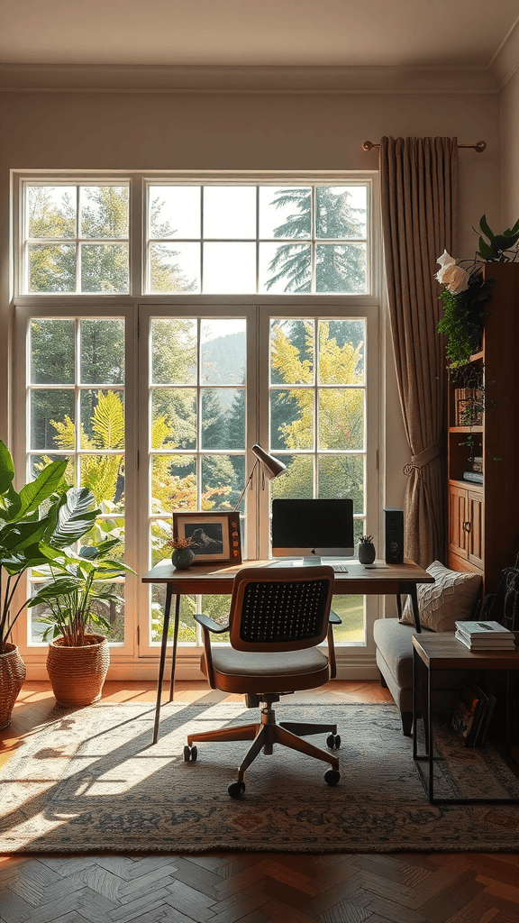 A home office with a desk facing large windows, featuring plants and a cozy atmosphere.