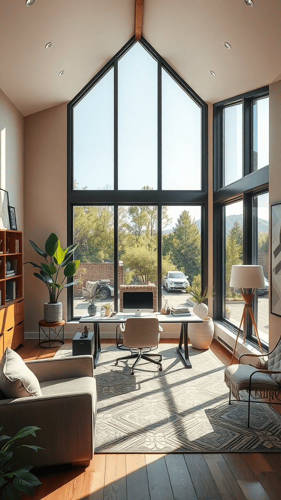 Bright and airy office space featuring large windows with a view of greenery.