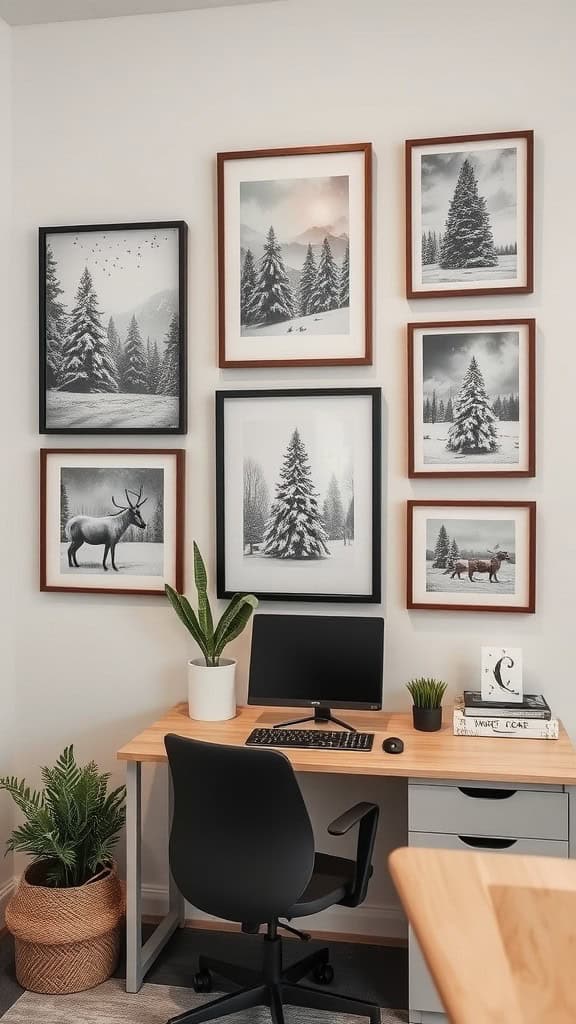 A cozy workspace featuring winter-themed wall art with snowy landscapes and woodland animals, set against a light-colored wall.