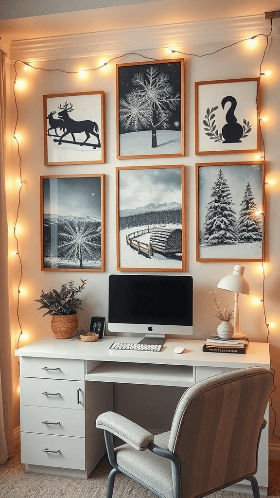 A cozy workspace with winter-themed wall art and warm lighting.