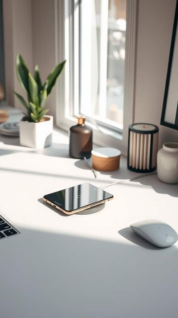 A minimalist home office desk with a wireless charger, plant, candle, and mouse.