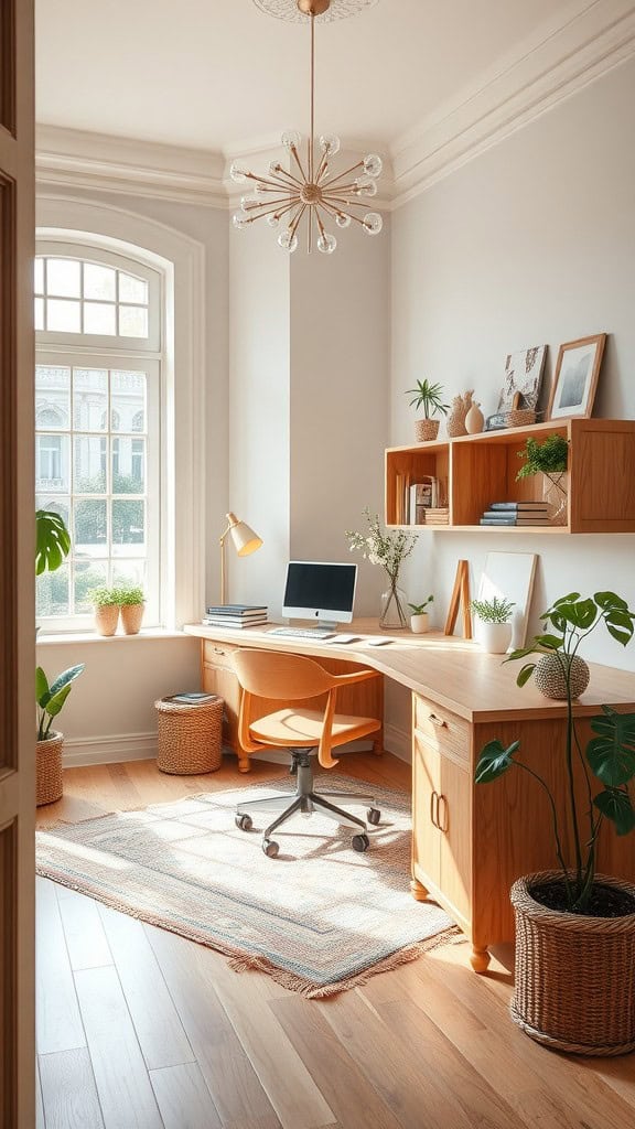 A bright feminine office featuring wooden furniture, plants, and soft lighting.