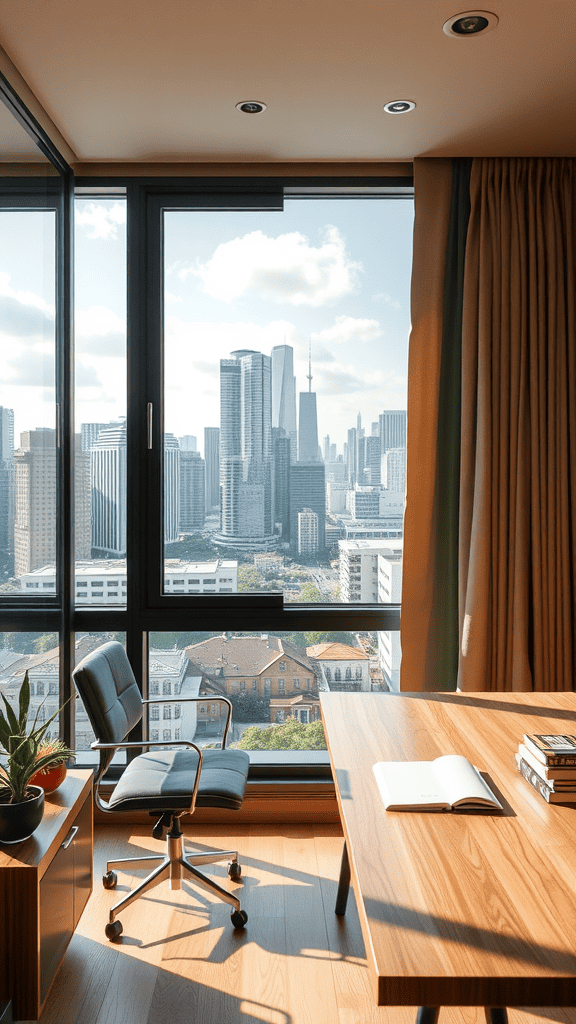 A modern workspace with a wooden desk, a chair, and a view of a city skyline through large windows.