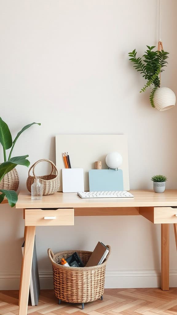 A cozy home office setup featuring a wooden desk with woven baskets for storage, plants, and minimal decor.