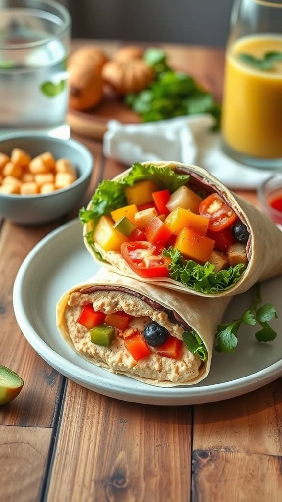 Two colorful wraps filled with hummus and fresh vegetables on a plate.