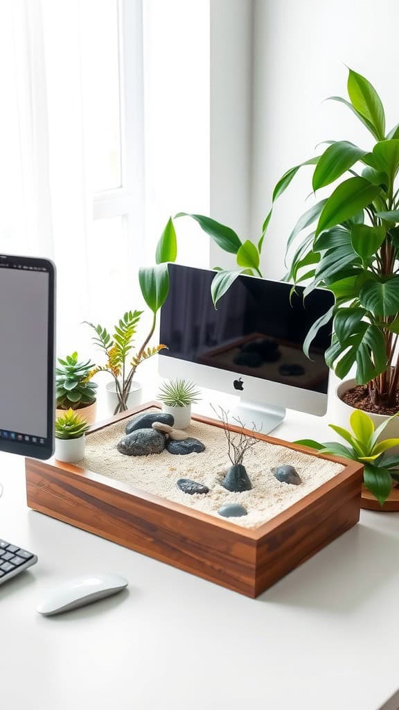 Zen garden desk setup with plants, sand, and rocks