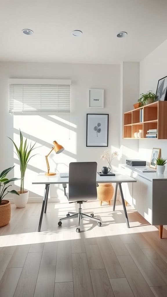 Bright and minimal home office with a desk in the center, plants, and natural light.