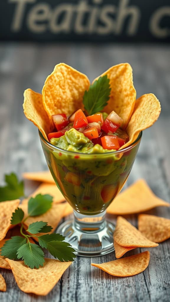 A glass cup filled with guacamole topped with diced tomatoes and cilantro, surrounded by tortilla chips.