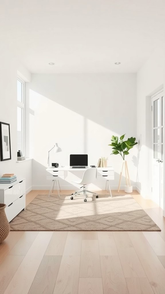 A bright, minimalist home office with a rug defining the workspace.