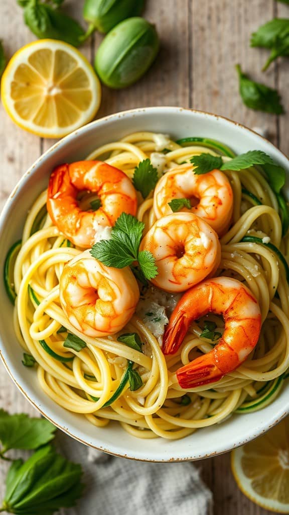 A bowl of zucchini noodles topped with shrimp, garnished with herbs and lemon slices.