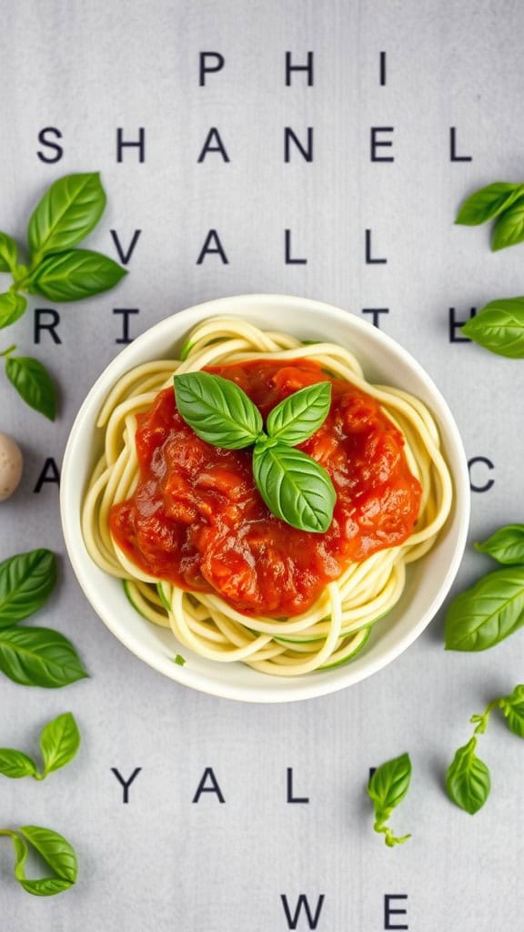 A bowl of zucchini noodles topped with marinara sauce and fresh basil on a wooden surface.