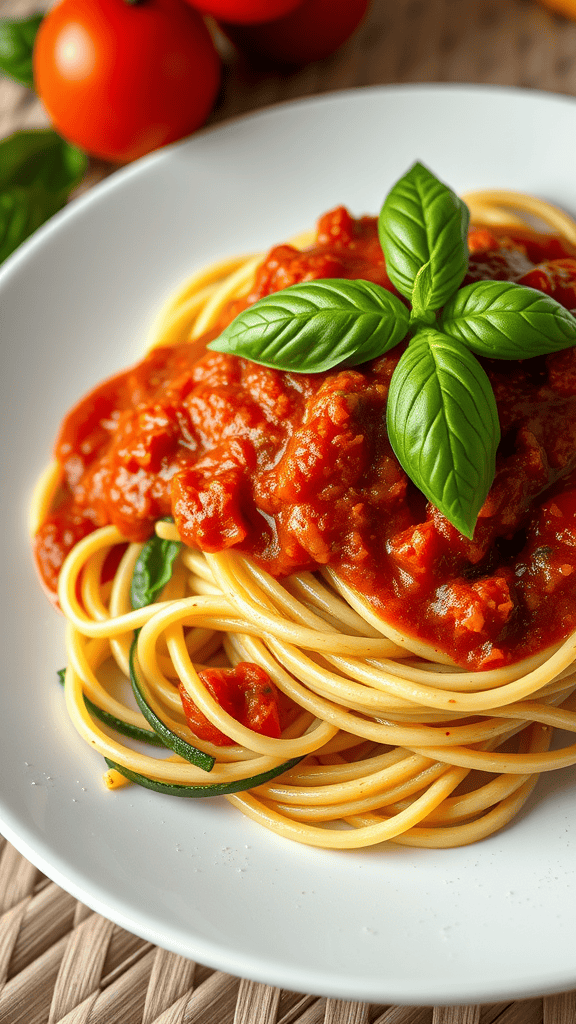 Plate of zucchini noodles topped with marinara sauce and fresh basil