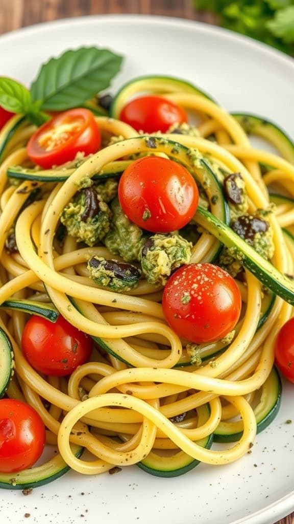 A plate of zucchini noodles topped with pesto and cherry tomatoes.