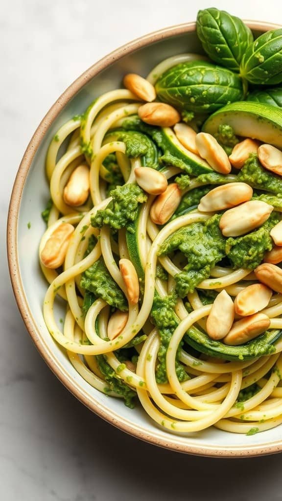 A bowl of zucchini noodles topped with pesto and pine nuts