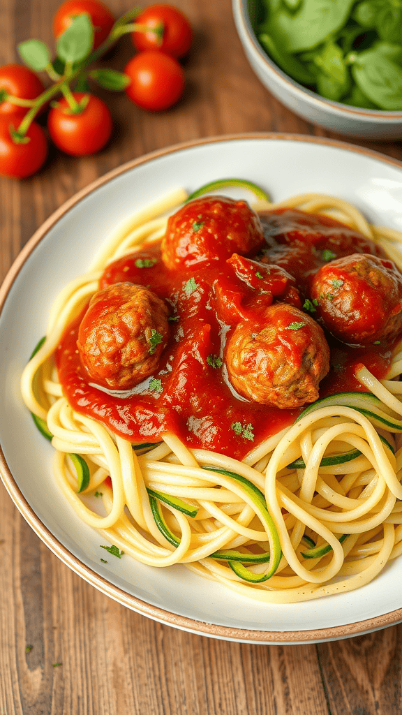 Plate of zucchini noodles topped with turkey meatballs and tomato sauce, with fresh tomatoes and spinach in the background.