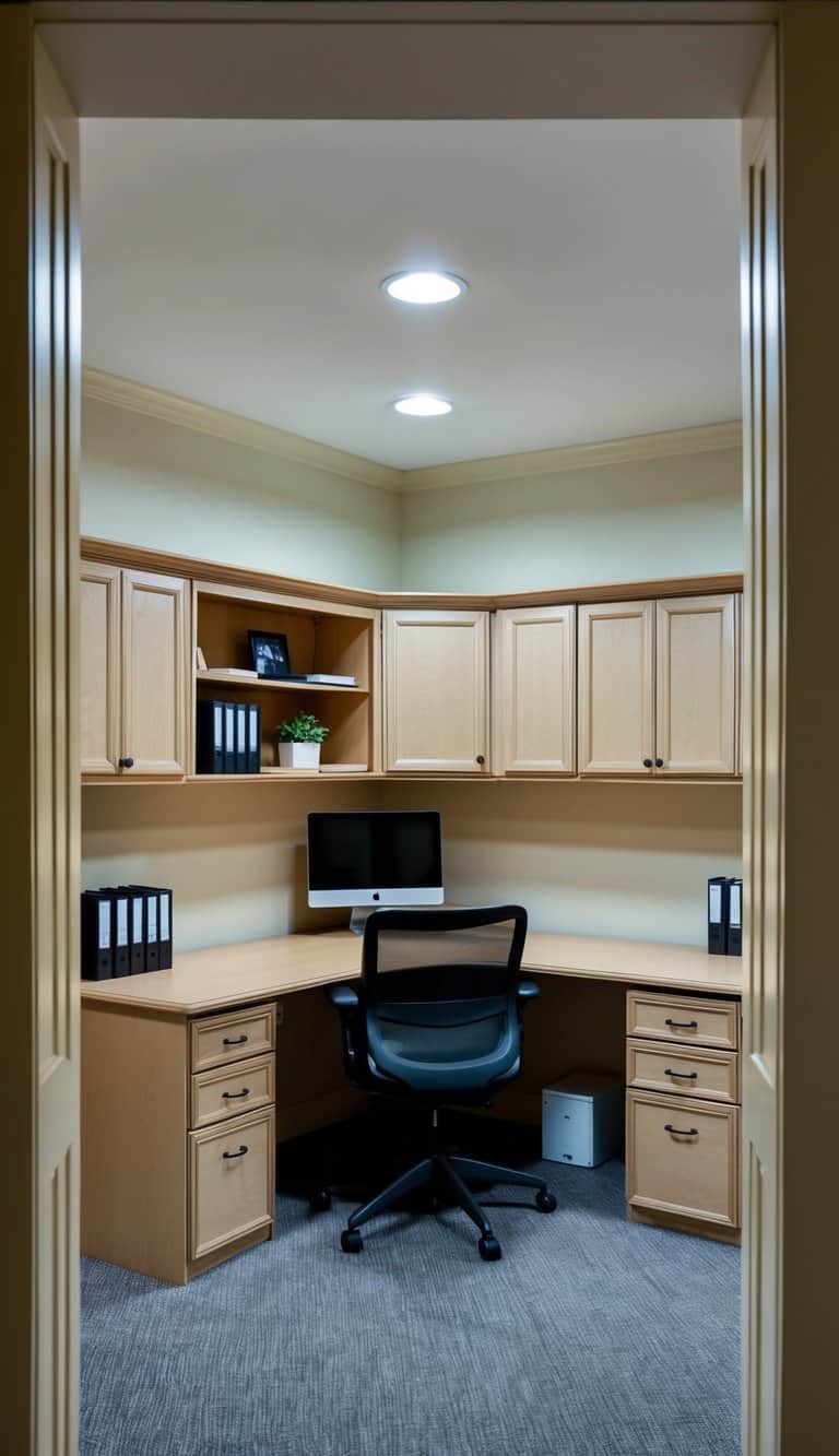 An L-shaped desk with a hutch surrounded by built-in office cabinets and shelves