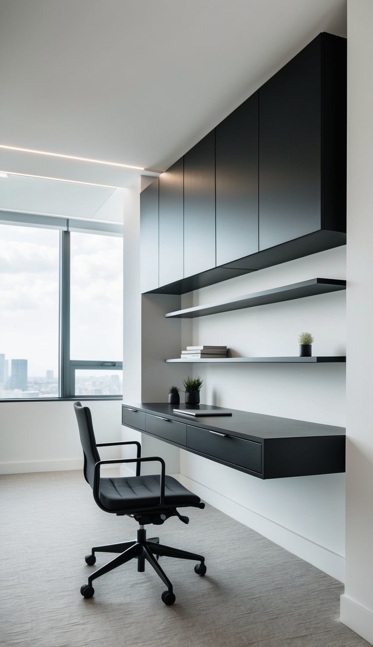 A sleek, modern floating wall desk with built-in cabinets and shelving, surrounded by a minimalist office space with clean lines and ample natural light