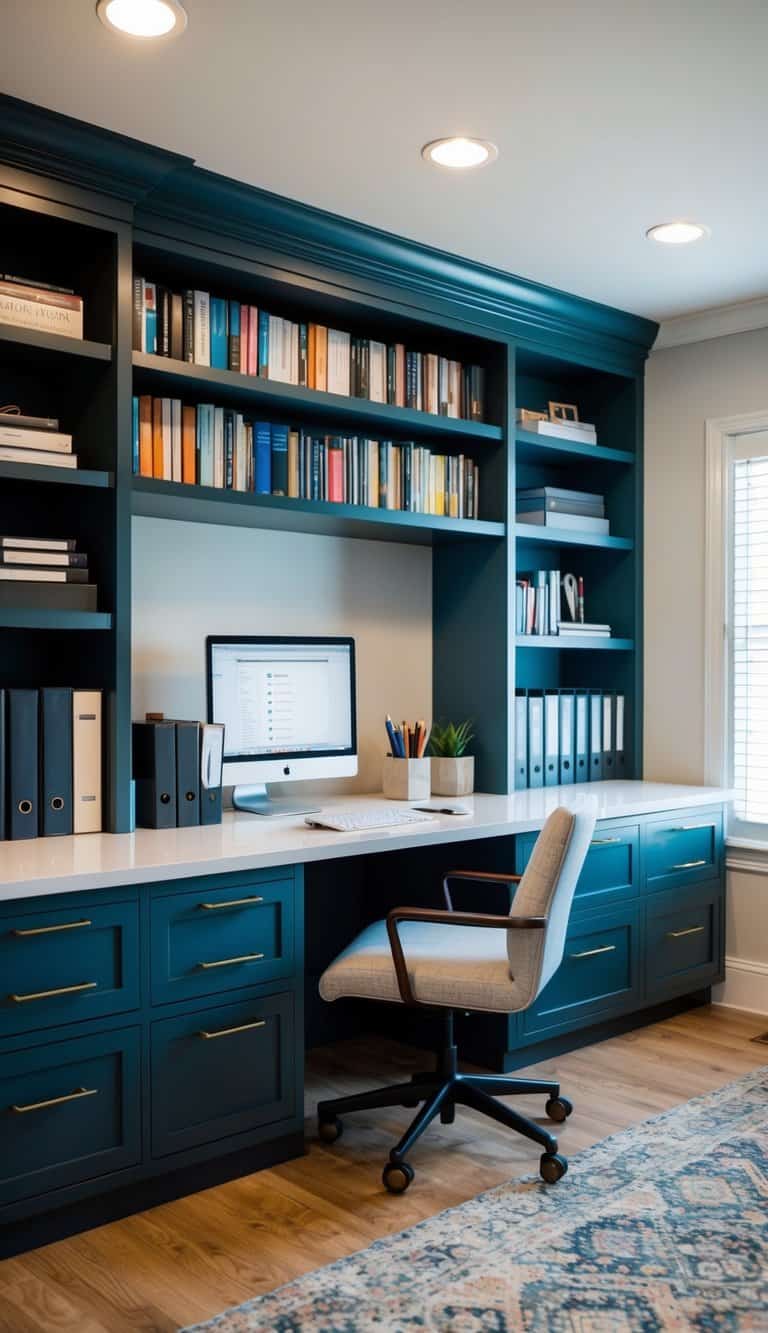 A custom built-in bookshelf with an integrated office desk and cabinets, neatly organized with books, files, and office supplies