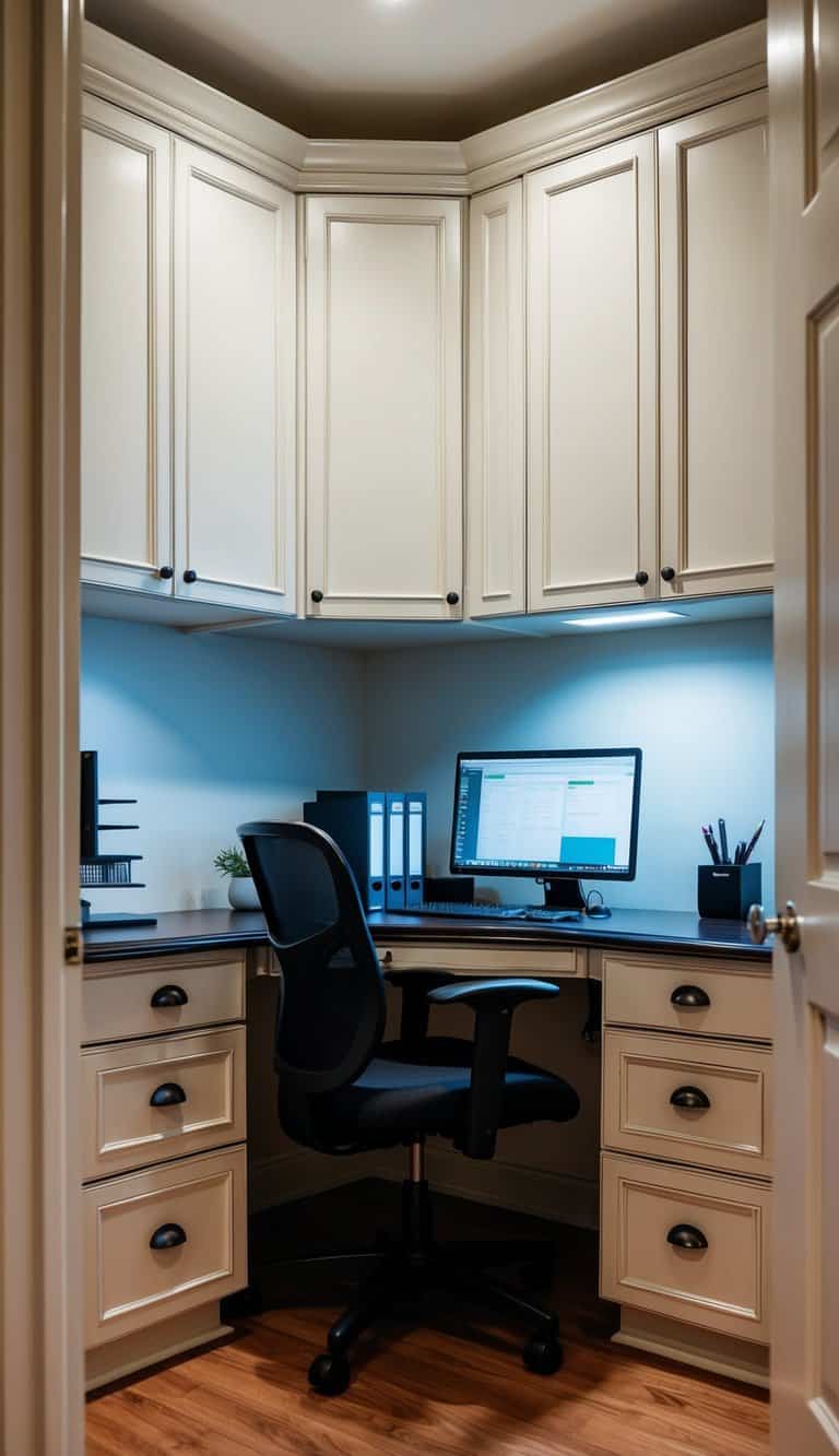 A corner desk with built-in cabinets and storage, neatly organized and ready for work