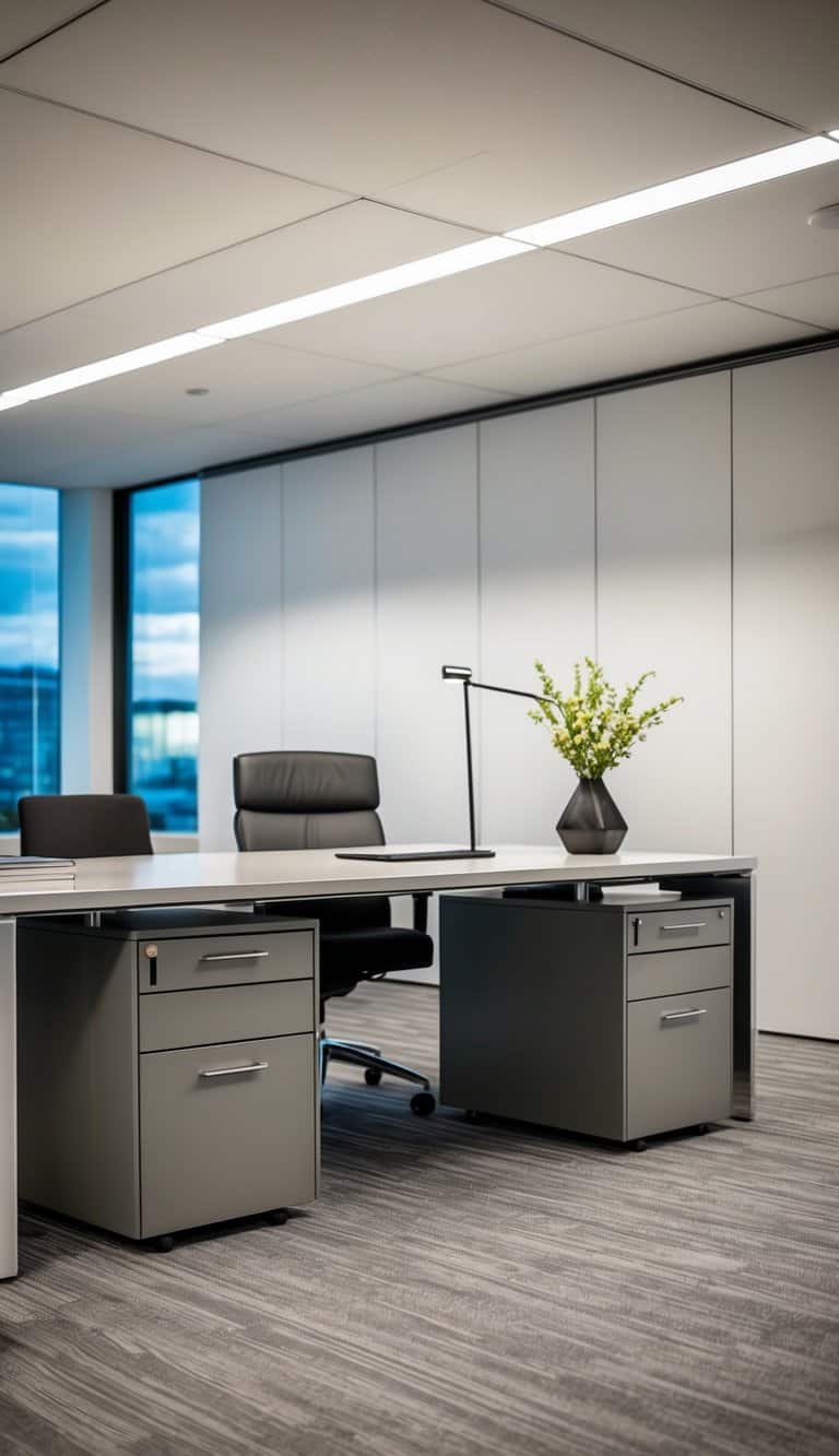 A modern office with sleek built-in desk and under-desk filing cabinets