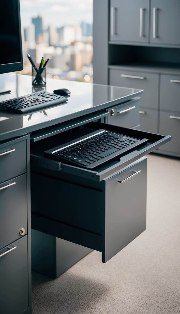 A pull-out keyboard tray beneath a sleek office desk, surrounded by built-in cabinets and storage solutions