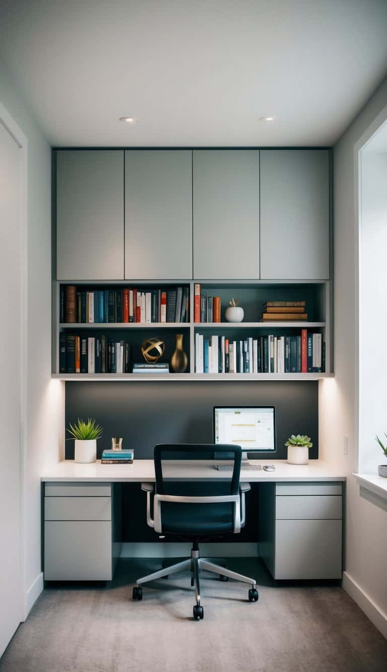 A modern office with sleek built-in desk and cabinets, organized with books and decorative items on the shelves