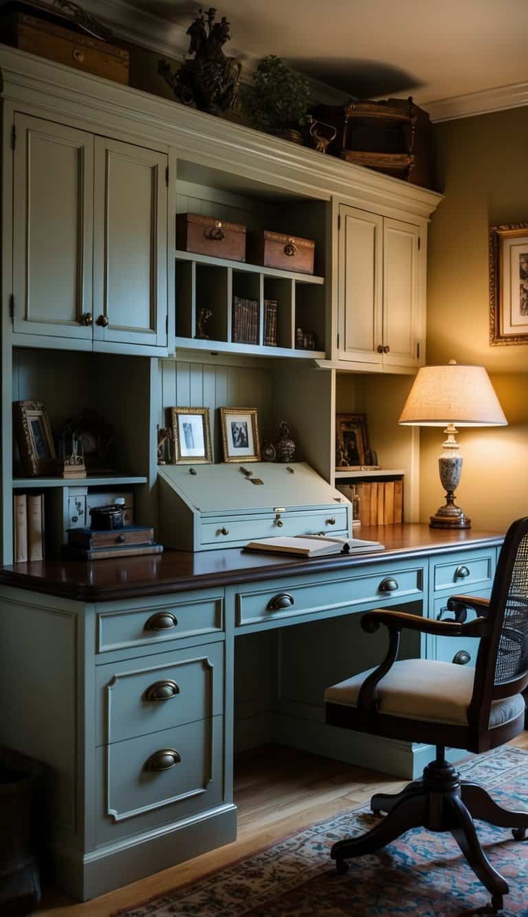 A vintage writing desk with built-in office desk and cabinets, adorned with antique accessories and surrounded by a cozy, well-lit study