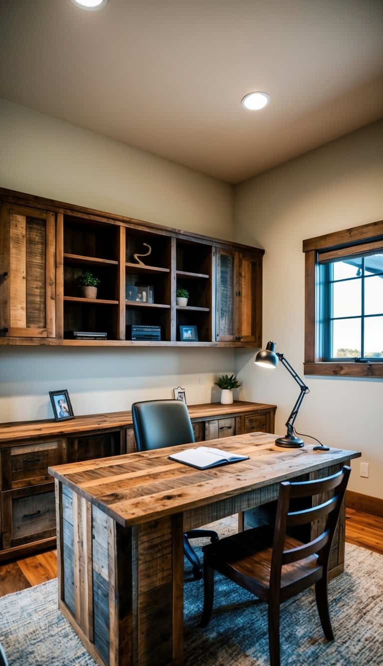 A rustic office desk made of reclaimed wood, surrounded by built-in cabinets and shelves, with a chair and desk lamp