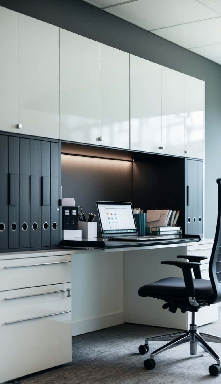 A sleek, modern office desk with built-in cabinets and a hidden compartment, neatly organized with office supplies and a laptop