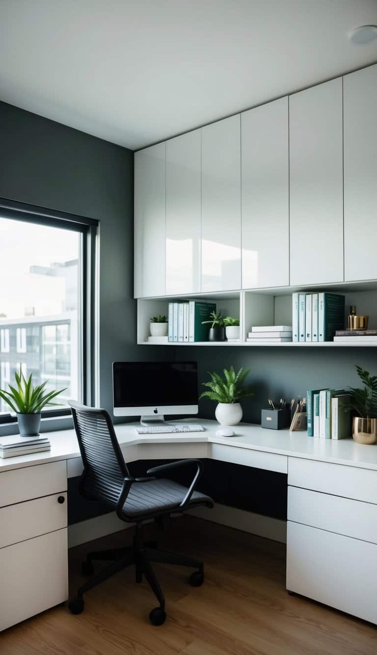 A sleek and modern built-in office desk with expandable corner unit and cabinets, neatly organized with books, plants, and office supplies