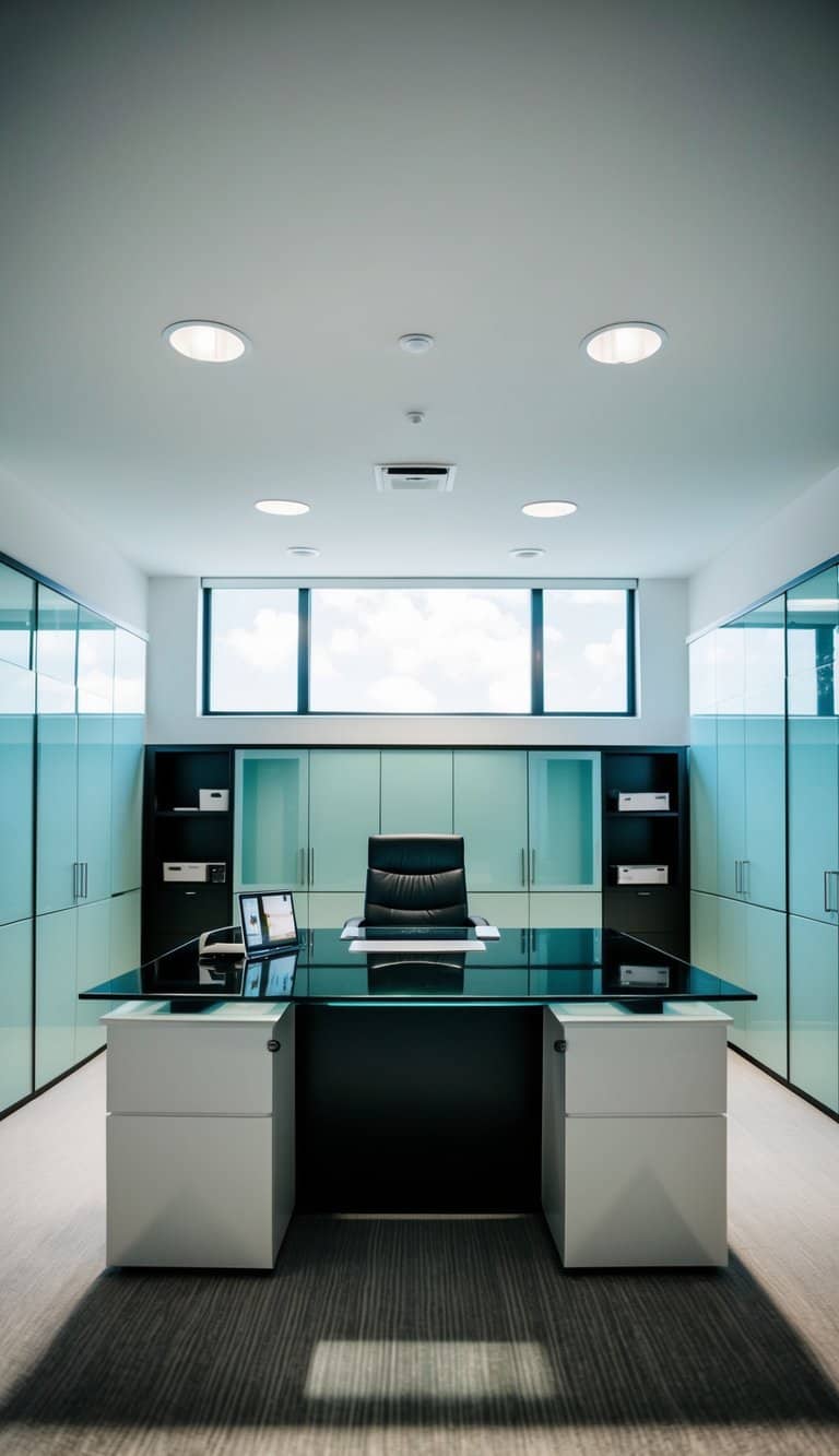 A sleek glass-top desk surrounded by built-in office cabinets