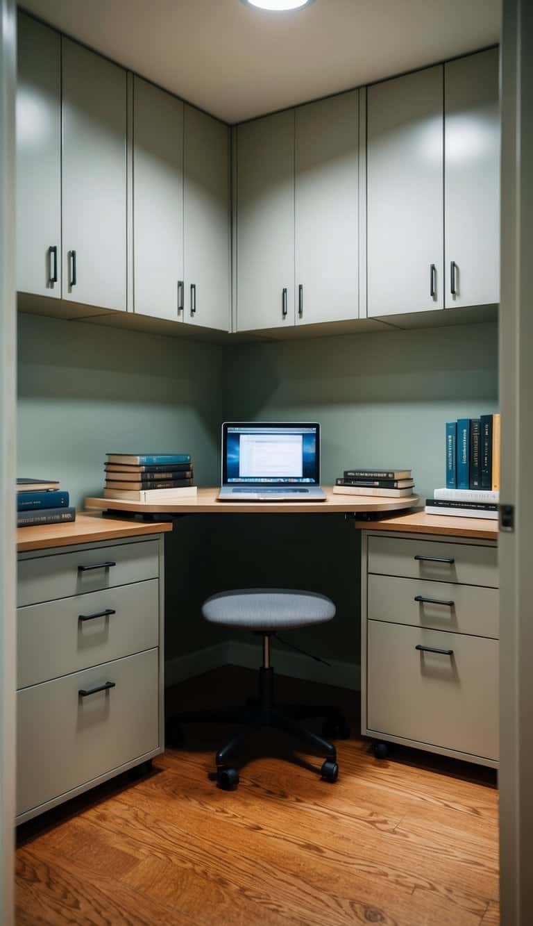 A compact roll-top desk nestled among built-in office desk and cabinets, with books and a laptop neatly arranged on the surface