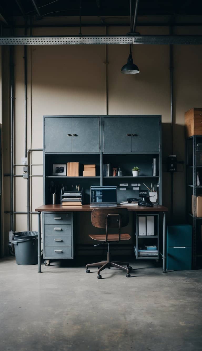 A cluttered industrial metal desk with built-in cabinets and shelves