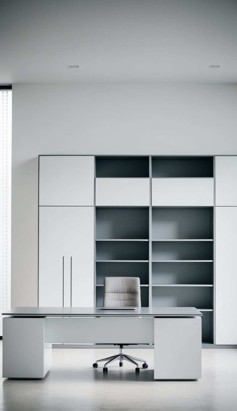 A sleek, minimalist desk with built-in cabinets and shelves, set against a clean, modern backdrop