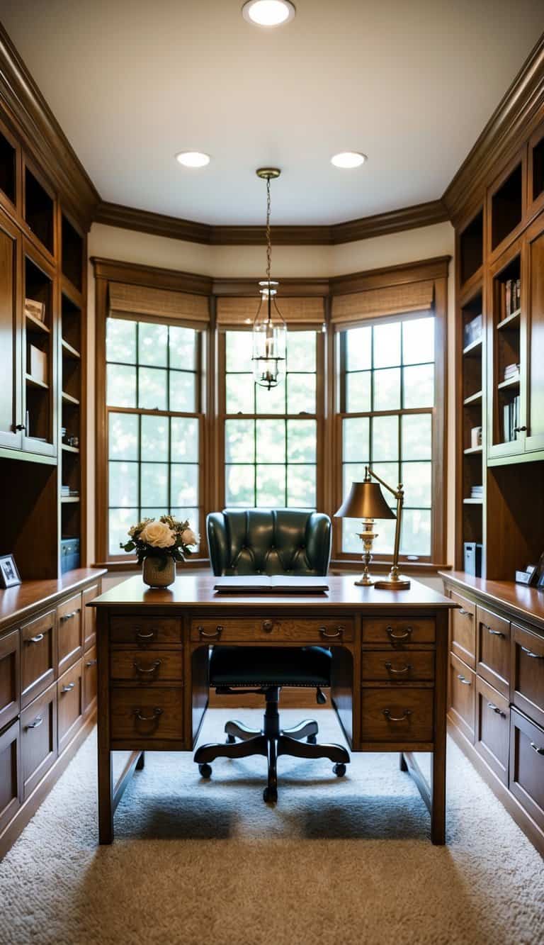 A traditional oak desk sits in a home office surrounded by built-in cabinets and shelves