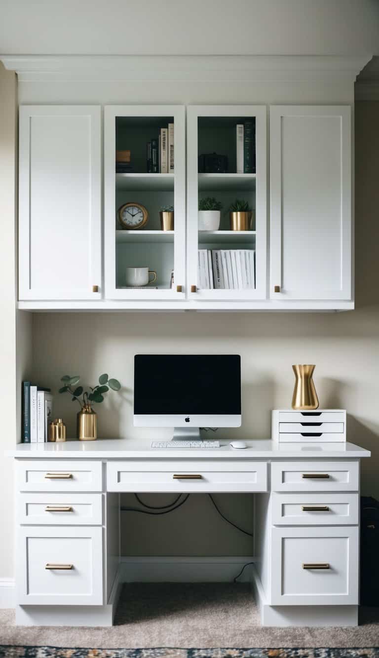 A white desk with built-in cabinets and drawers, neatly organized and clutter-free