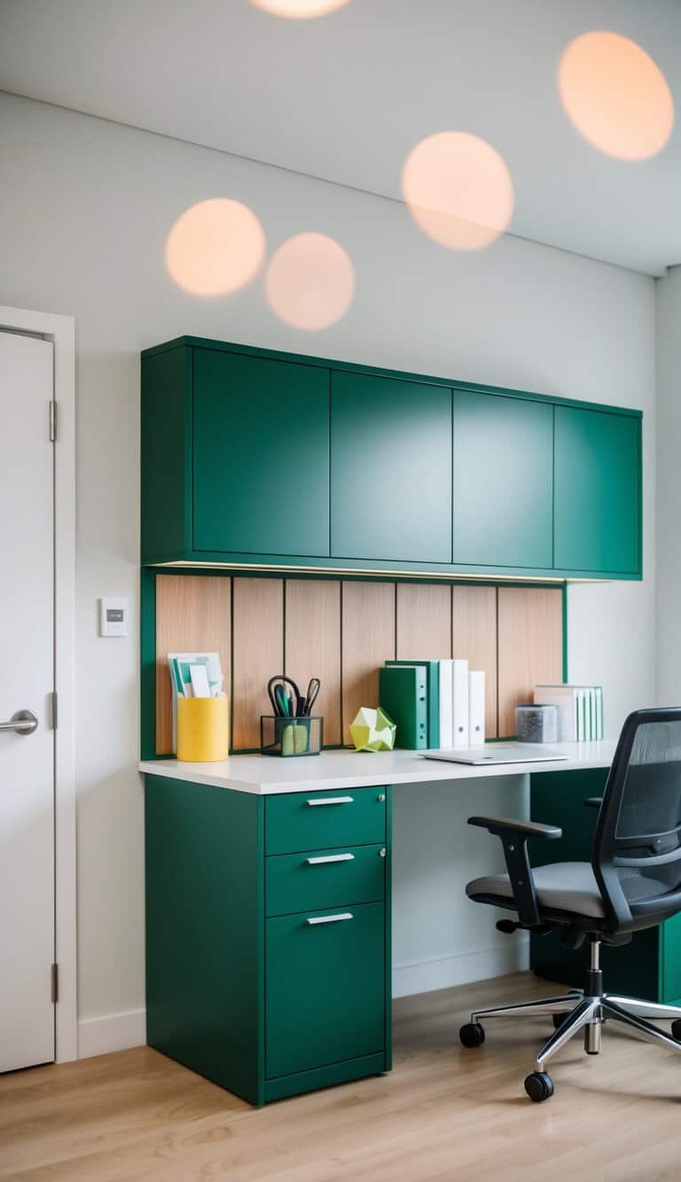 A modern green desk with built-in cabinets and office supplies